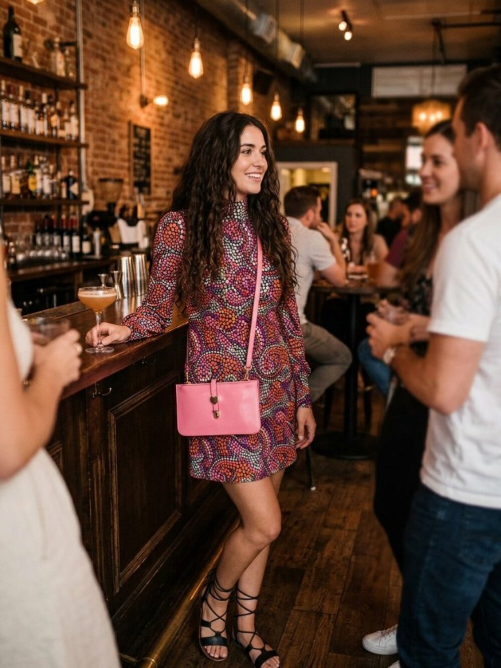 2 items - Multicolor Abstract Dot Tie-Neck Dress & Pink Crossbody Vintage Style